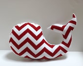 Red chevron WHALE pillow - nautical baby nursery decor plushie - shower gift for new mom