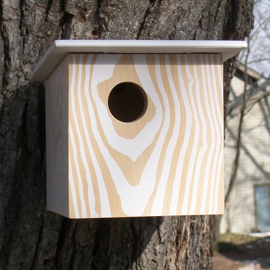 Modern Faux Wood Grain Birdhouse - Nest Box - White Natural