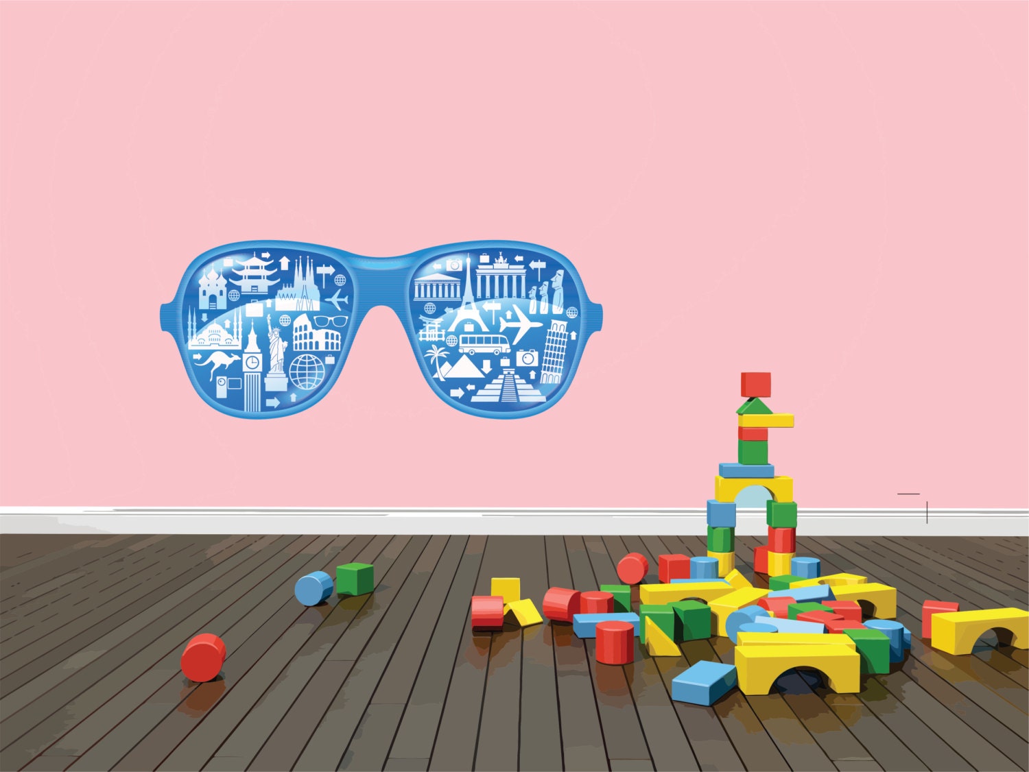 Travel Sunglasses Shades with Popular City Landmark Icons Playroom Bedroom Decor - Peel & Stick Sticker - Vinyl Wall Decal 30x10 larg255