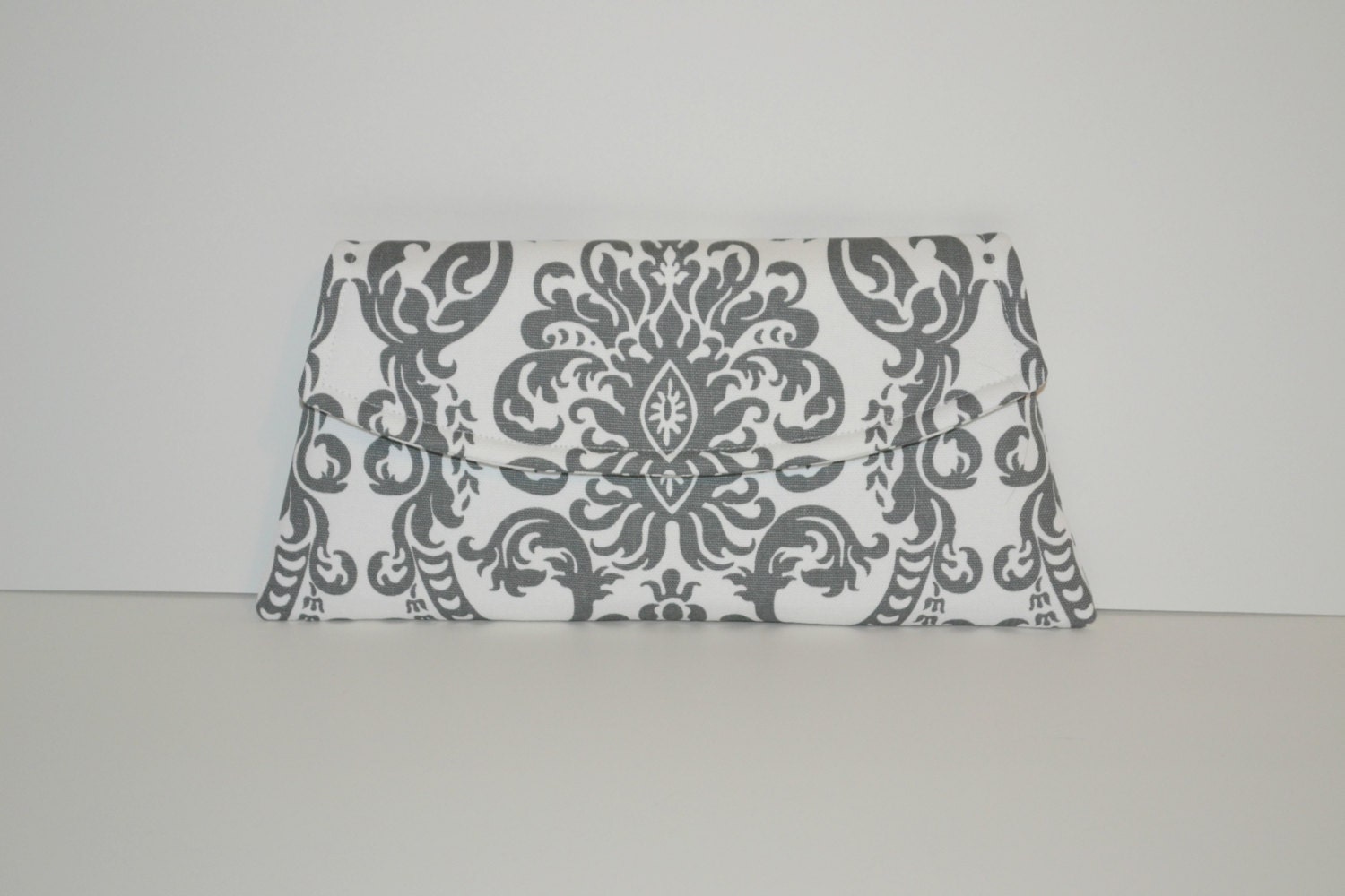 Gray and White Clutch - Gray Abigail Damask Clutch - Gray Damask Clutch - Classic Angled Clutch