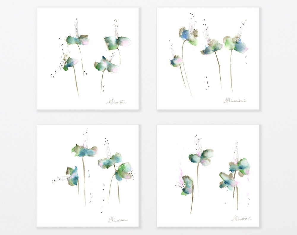 Emerald green 8x8 Flower Watercolor Print Set Abstract Botanicals mothers day gift for her art for bedroom