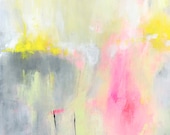 Yellow Pink Original Abstract Painting 12x12 acrylic contemporary art on canvas board grey neon mint green