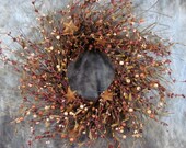 Primitive Country Home Decor - 22" Brown & Burgundy Mix Berry Wreath - Rusty Stars - Primitive Wreaths - Primitive Country Decor