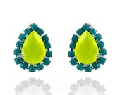 Neon Yellow with Turquoise Pave Crystal Teardrop Earrings