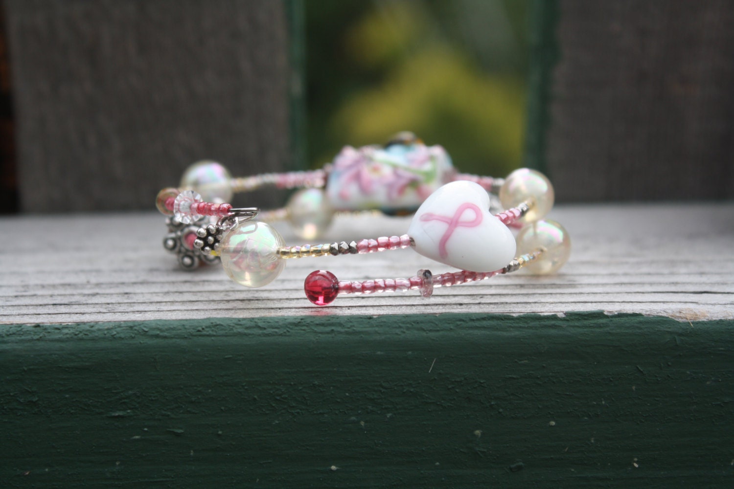 Memory Wire Pink Ribbon Cancer Awareness Glass Bead Bracelet