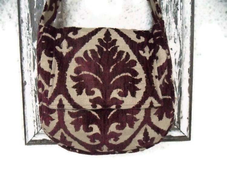 Bohemian Bag Purse Messenger Computer Bag Burgundy Chenille