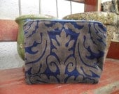 Makeup Bag Pouch Blue and Gold Velvet Zippered