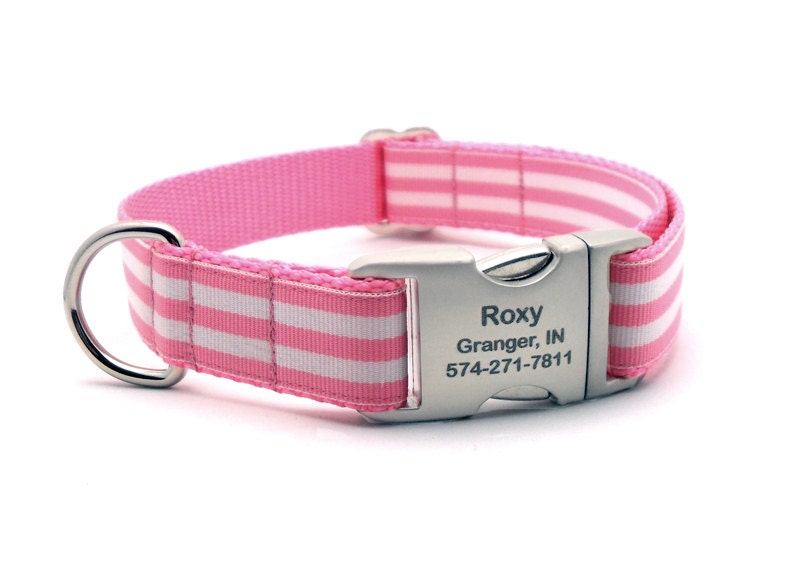Monarch Stripe Dog Collar with Laser Engraved Personalized Buckle - PINK