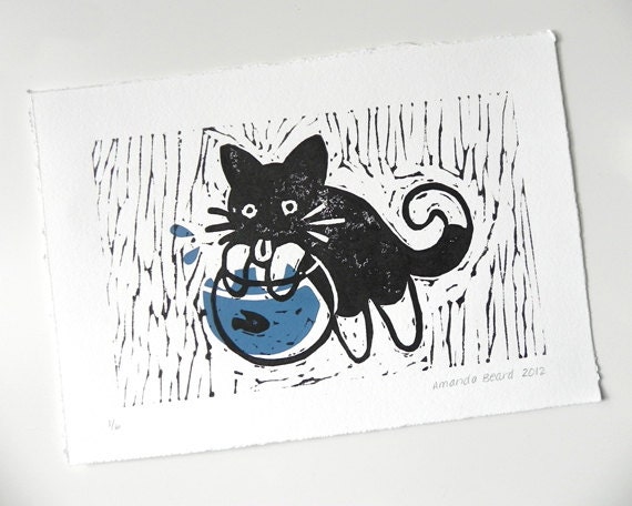 Cat Fishbowl Linocut Print Screenprint