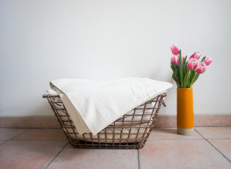 antique french bedsheet, white cotton with embroidered monogram