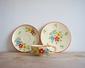 Vintage Cup Saucer Set // 1950 Czechoslovakia // Floral // Summer Flowers // Bright Orange Yellow Green // Sweet Country Home Decor / Folk
