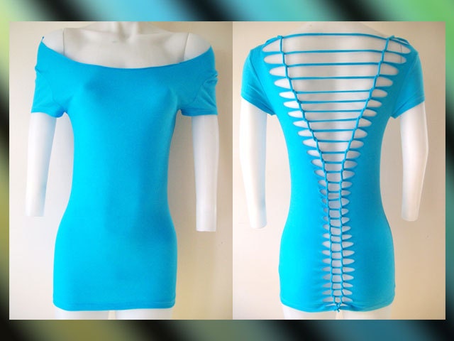 Womens / Juniors Blank Turquoise Top Cut Shirt Series Off Shoulder Size Small, Medium, Large, XL, 2XL, 3XL Shredded T