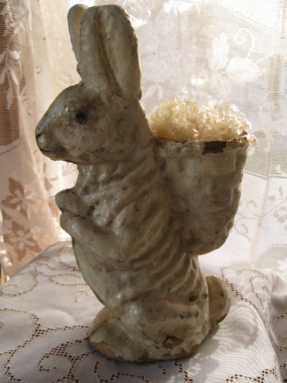 Vintage Victorian Papier Mache Easter Rabbit Candy Container Chippy White Great Character
