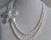 pearl jewelry pearl necklace,2 rows 7-8mm White Pearl Necklace,Shell Flower necklace,golden colour clasp pearl necklace,Free Shipping