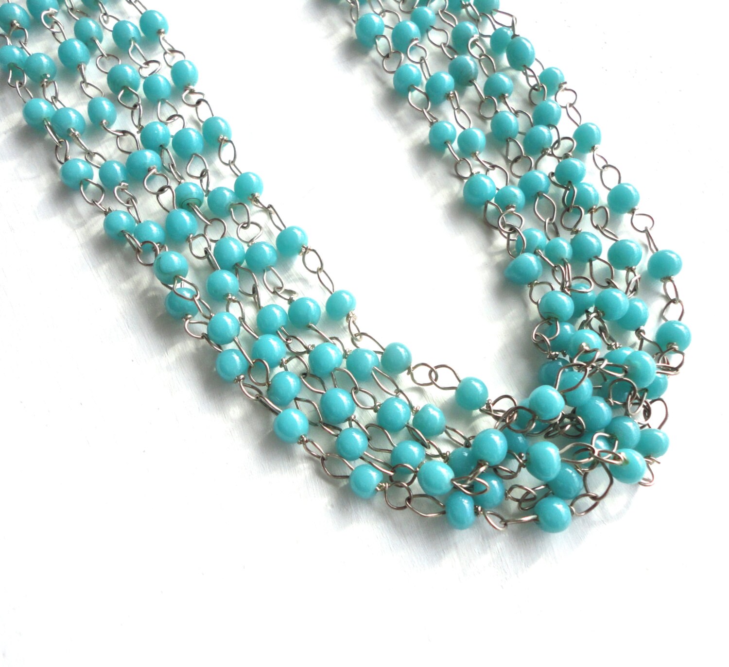 Long Turquoise Necklace - Multi-Strand Beaded Teal and Silver Modern Mint Jewelry