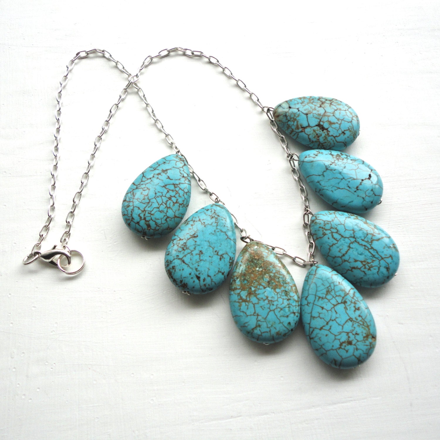 Chunky Turquoise Necklace - Stone Teardrops on Silver Chain - Bib Style Jewelry