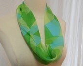 Semi Sheer Green & Blue Geometric Print Chiffon Infinity Scarf / Cowl