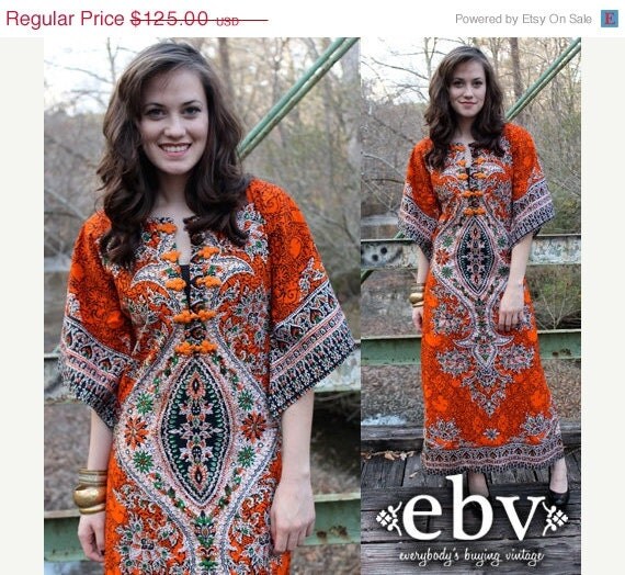 ON SALE Vintage 70's Ethnic Print Hippie Boho Angel Sleeve Kimono Caftan Maxi Dress S M