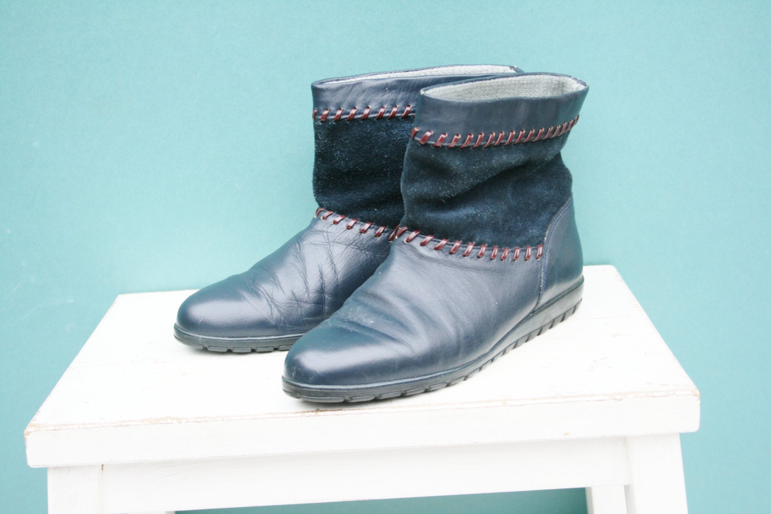 Vintage Blue Leather and Suede Pixie Ankle Boots - UK 4  - EU 37.5  - USA 6.5