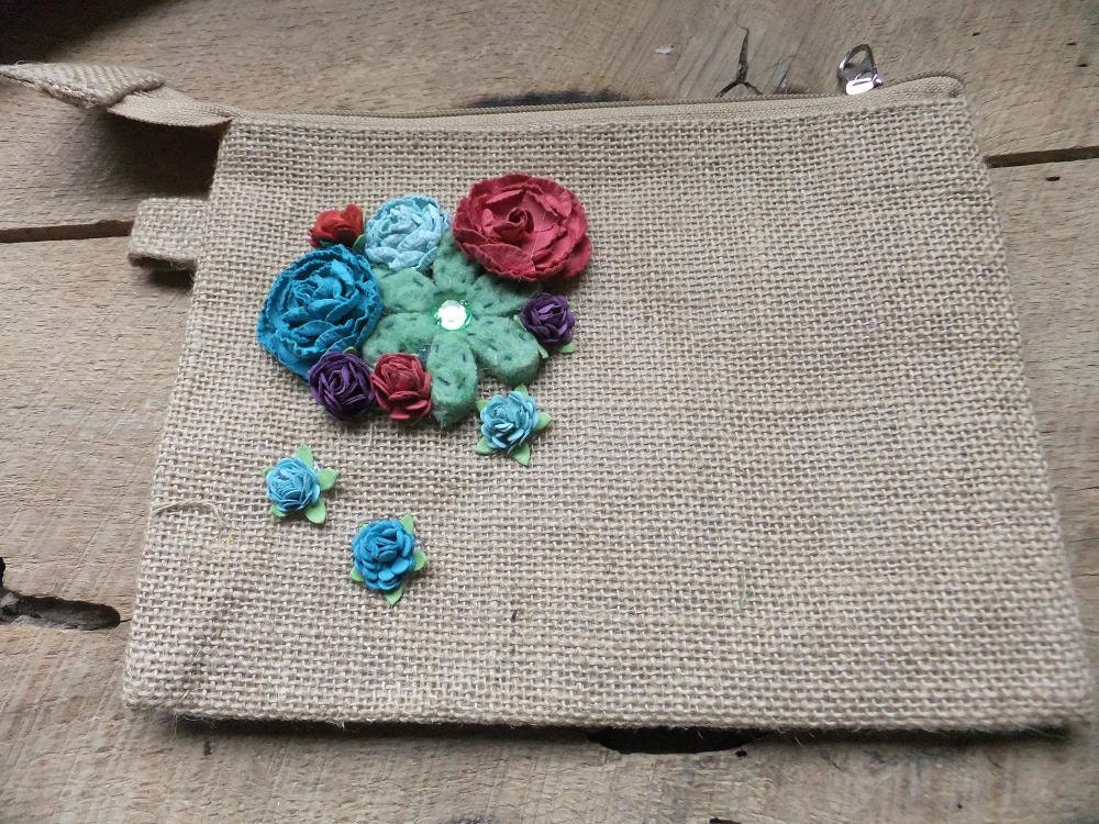 MEDIUM size Burlap Pouch with Flower embellishments