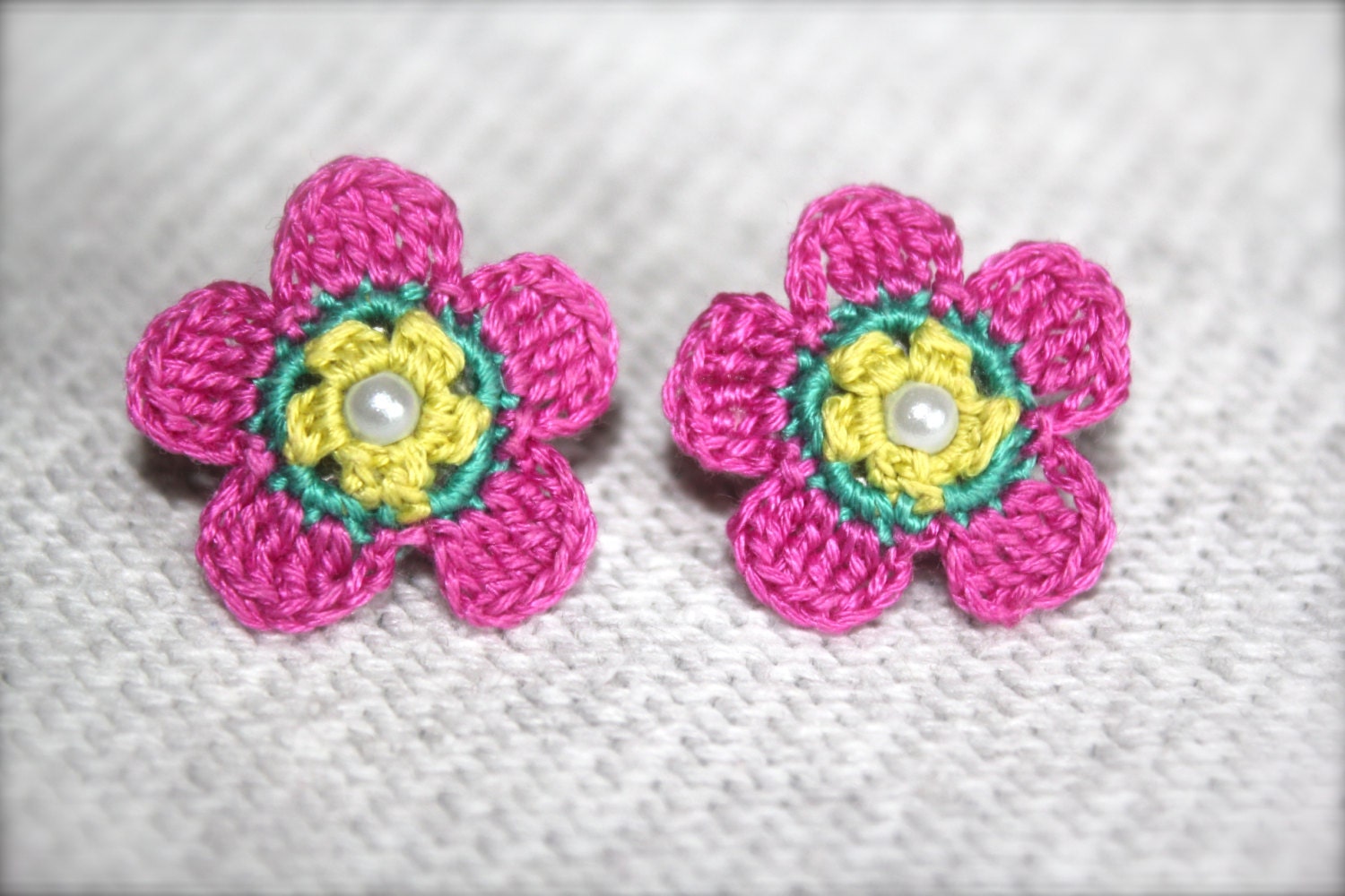 Crochet Flower Earrings, Pink, Teal and Green