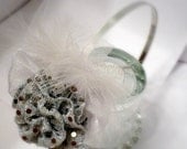 On Sale Sparkle Flower Flair Headband, New Year's Party Hair Flair, silver sparkle headband, white feather headband, Ready to Ship