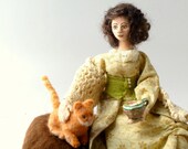 Reserved for Catherine  -art doll cloth girl needle felt cat Edwardian folk tale Befriended soft sculpture