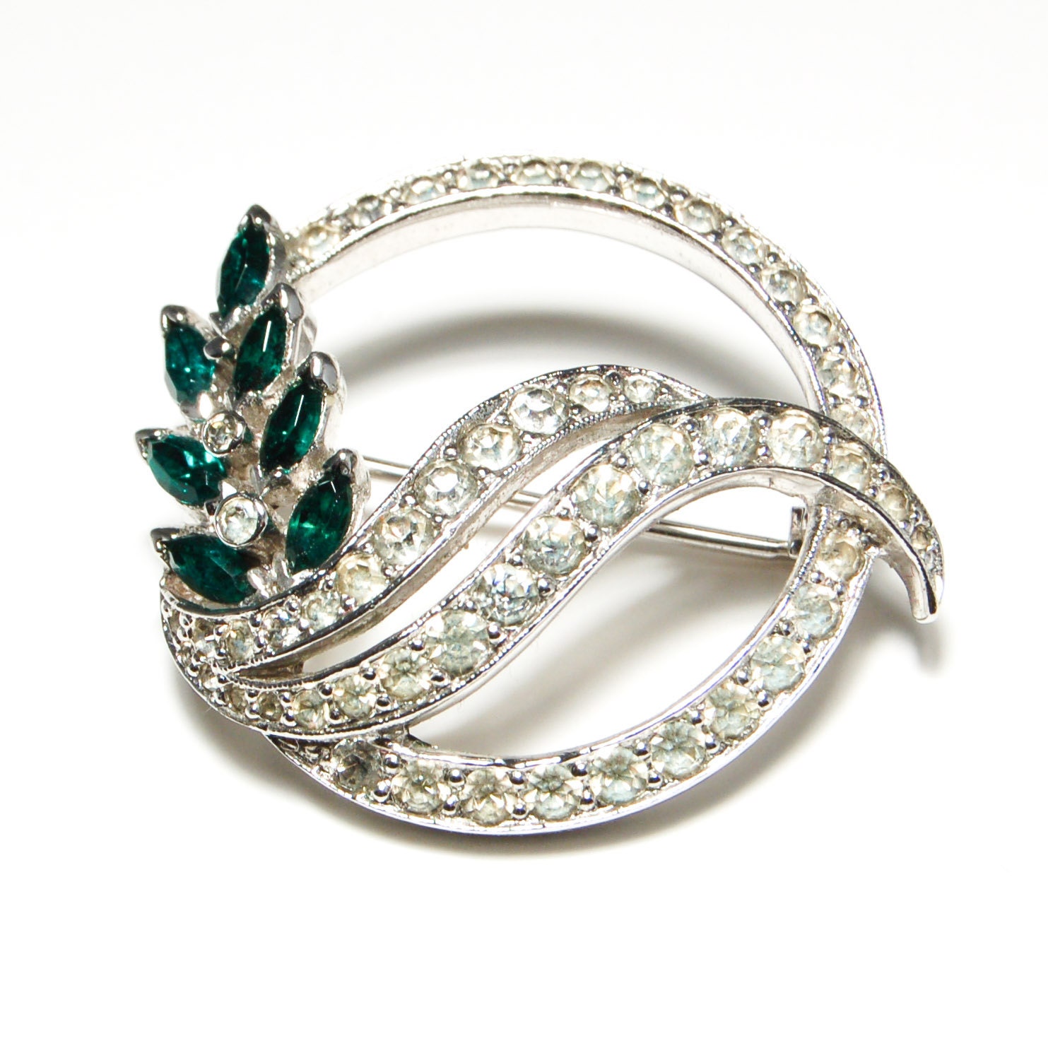 Vintage Panetta Circular Brooch Pin with Emerald Green and Clear Rhinestones set in Silver Tone Classic Mad Men Style