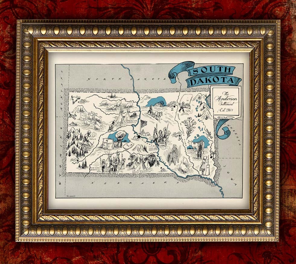 SOUTH DAKOTA Map Print PERSONALIZED VIntage Map Retro Custom Map Wedding Housewarming Gift Home Decor Wall Decor 8x10 All 50 States Avail.