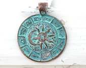 Zodiac pendant bead, Sun and Moon, Green patina on copper, Greek, Mykonos, 35mm - 0721