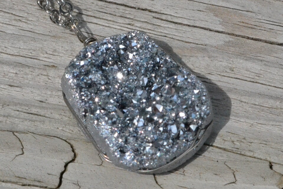 Cosmic Silver Druzy Necklace Raw Crystal Agate Drusy Silver Quartz - Nebula Galaxy Sparkle Stone Jewelry Semi Precious Stone