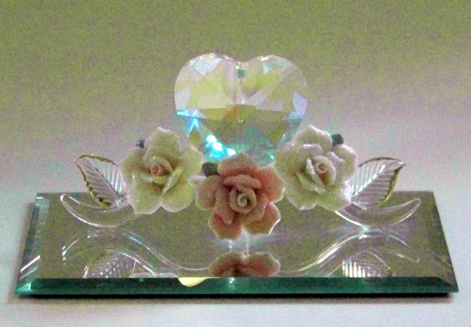 Vintage Blown Glass Figurine with Crystal Heart, Porcelain Roses, and Mirrored Base