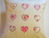VALENTINES APPLIQUE CUSHION hearts pillow. Handmade in the uk. Cath Kidston fabric bedroom living room decoration. Perfect valentine gift
