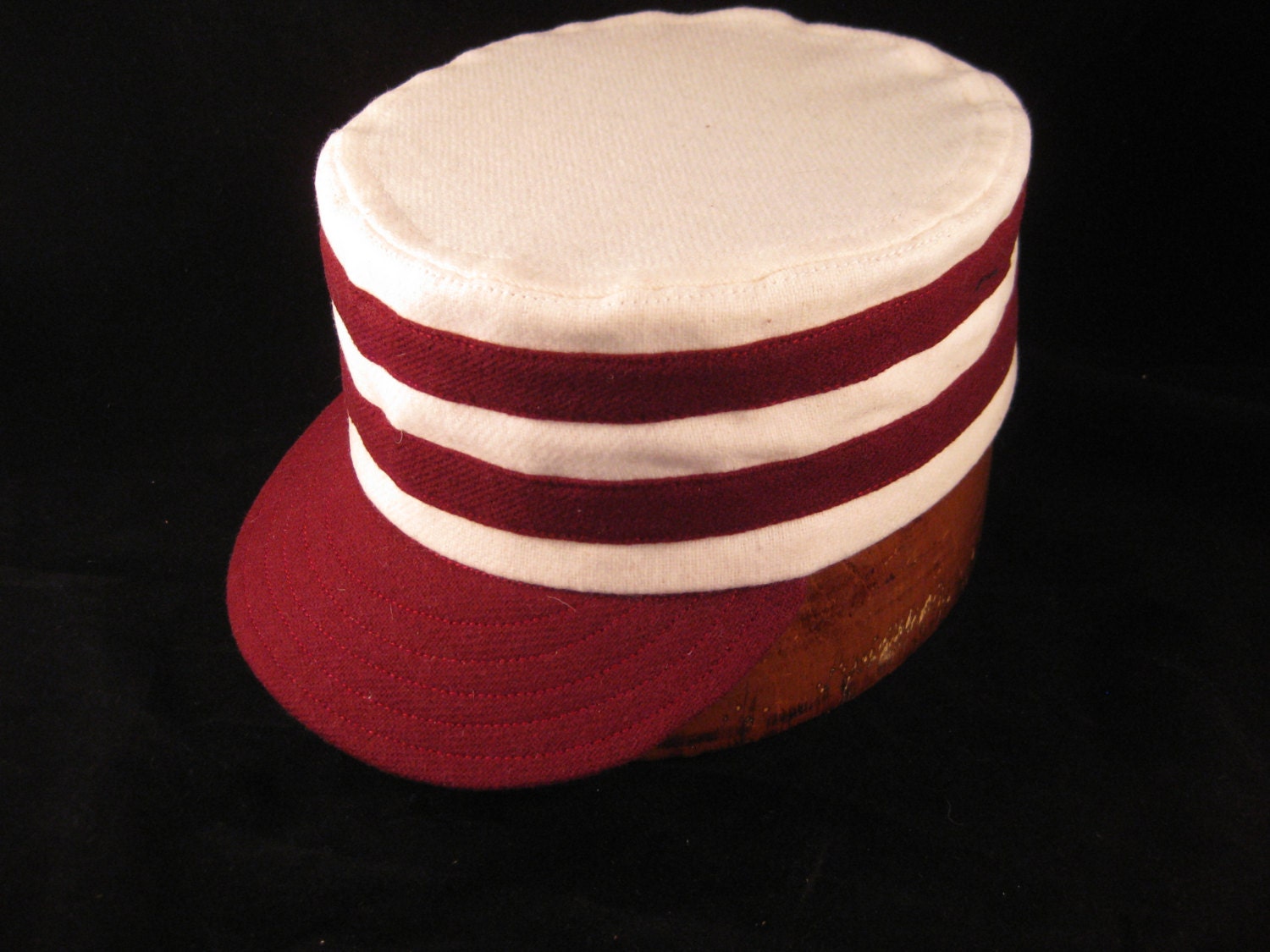 Box cap / Pillbox cap, soft wool flannel with supple leather sweatband, size 7 1/4, other sizes available.