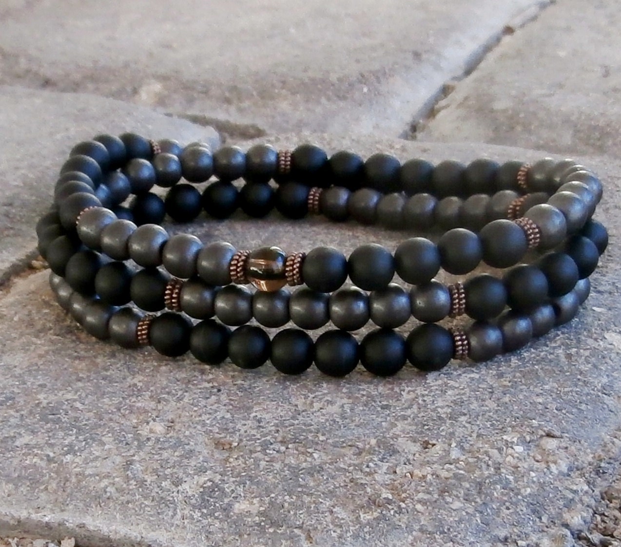 The basic Mala Men's 108 Matte Onyx & Matte Hematite with Smokey Quartz Guru bead, Meditation Necklace or bracelet, free shipping