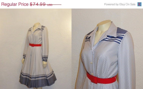 SALE Vintage Dress 60s Rockabilly Debbie Bee Blue & White Polka Dot Shirtwaist Dress Small to Medium