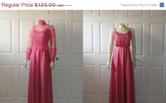 SALE Vintage Dress 60s 70s Full Length Gown Matching Lace Shirt High Neck size Small to Medium
