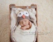 Newborn Hat, Owl Hat, Brown, Light Beige, White, Photo Prop