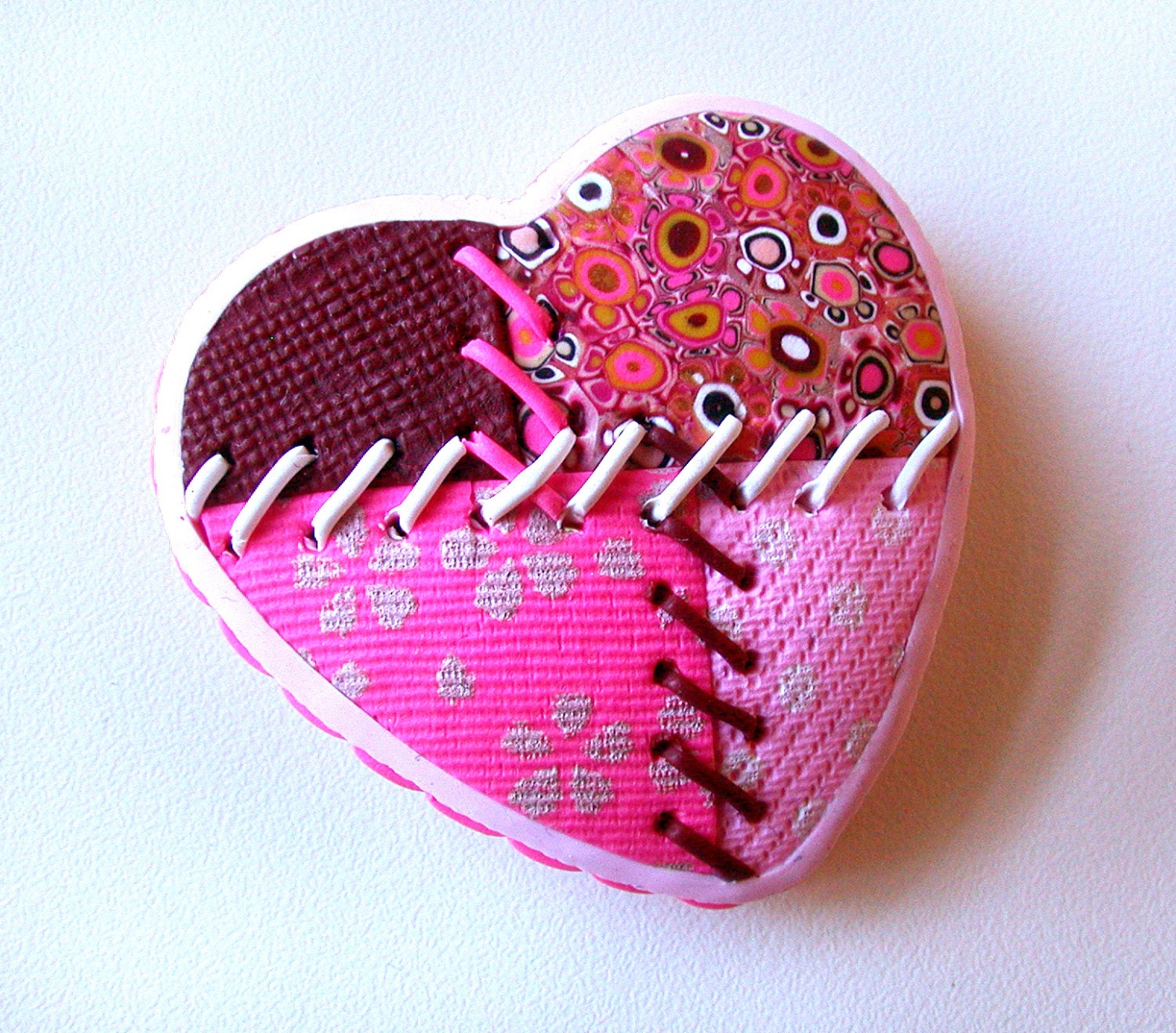 Polymer Clay Patchwork Heart Brooch.