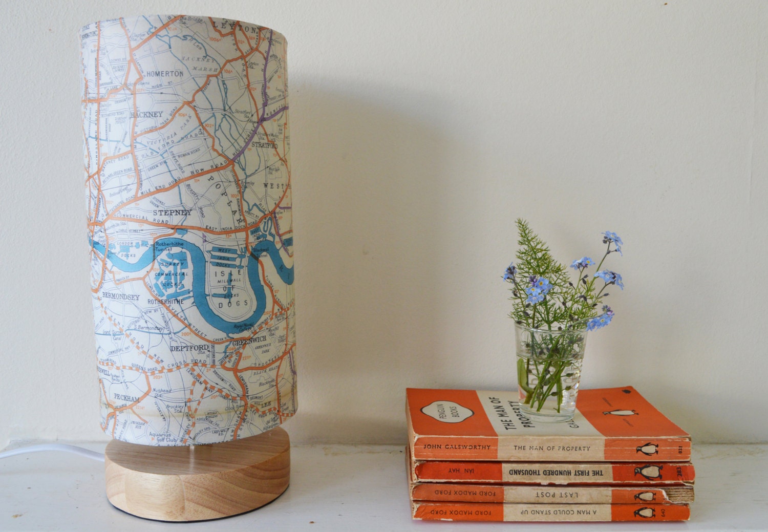 Beautiful Vintage Map Lamp featuring London, made with Orange and Blue 1930s Road Map.