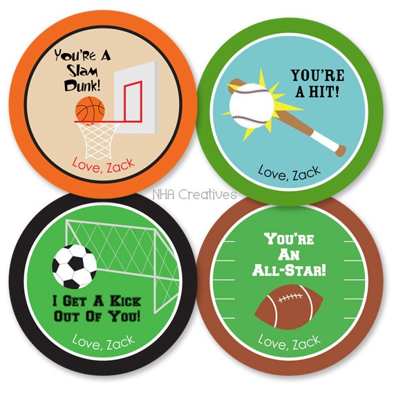 Personalized Sports Valentine's Day Tags - Soccer, Baseball, Basketball, Football - Set of 4 - DIY Printable Digital File