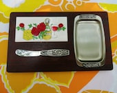 Vintage 1970s MID Century Modern Vino Wood Ceramic Stainless Steel Cheese Tray Board NOS