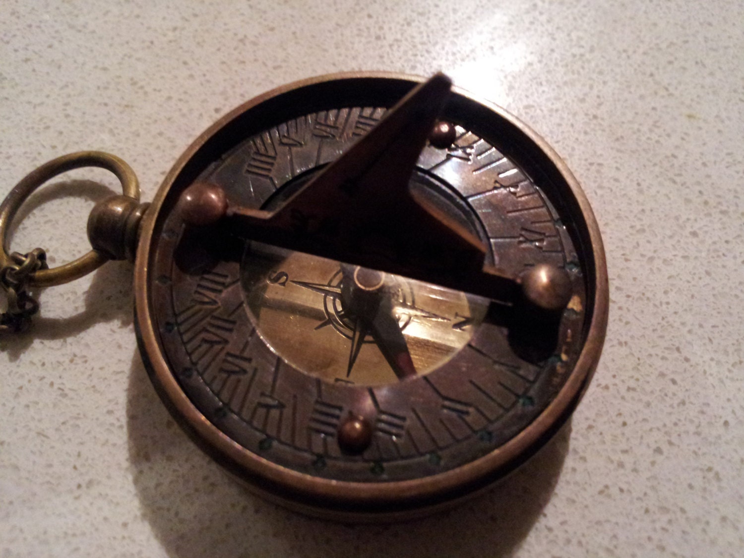 Lost at  sea -  Ox Brass compass sundial necklace with antique pocket watch key
