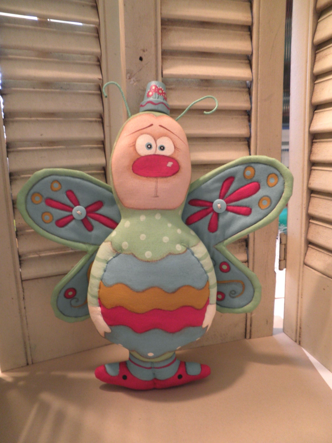 Primitive folk art doll large Butterfly with flower pot hat painted wings fuschia nose and shoes