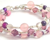 Handmade, Original Design Bangle Bracelet, Memory Wire, Pink Frosted Glass, Metal, Purple Glass Beads, Magnetic Clasp 8.5in, Fast Shipping