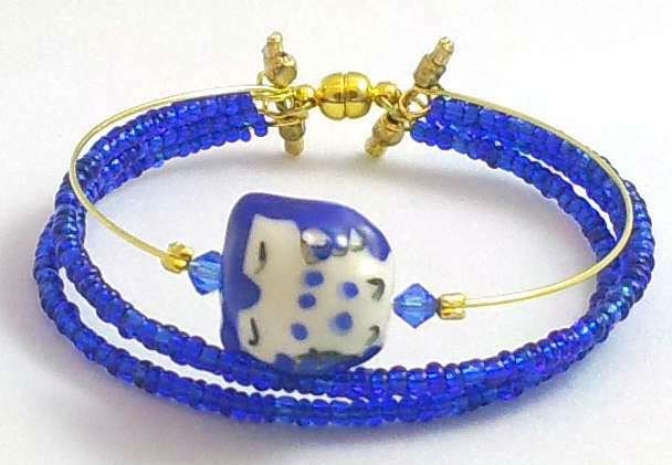 Handmade, Original Design Bangle Bracelet, Made with Seed Beads, Crystals on Memory Wire with Hand-painted Ceramic Owl, 7.5in, Fast Shipping