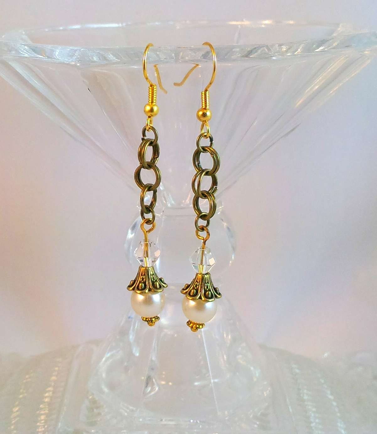 Romantic Earrings Antique Brass Fluted Bead Caps Pearl and Crystal Beads Gold Plate Ear Wires Handmade One of a Kind