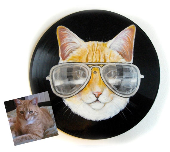 16" Custom upcycled recycled vinyl record cool cat portrait painting original mixed media acrylic painting