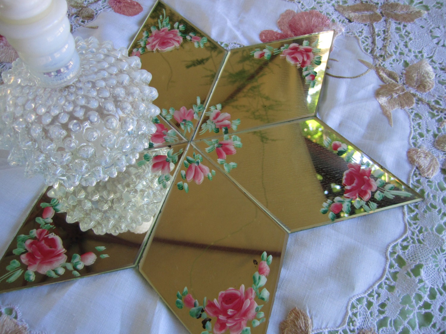 Vintage Hostess Mirror Centerpiece Painted Mirror Table setting Display 50s