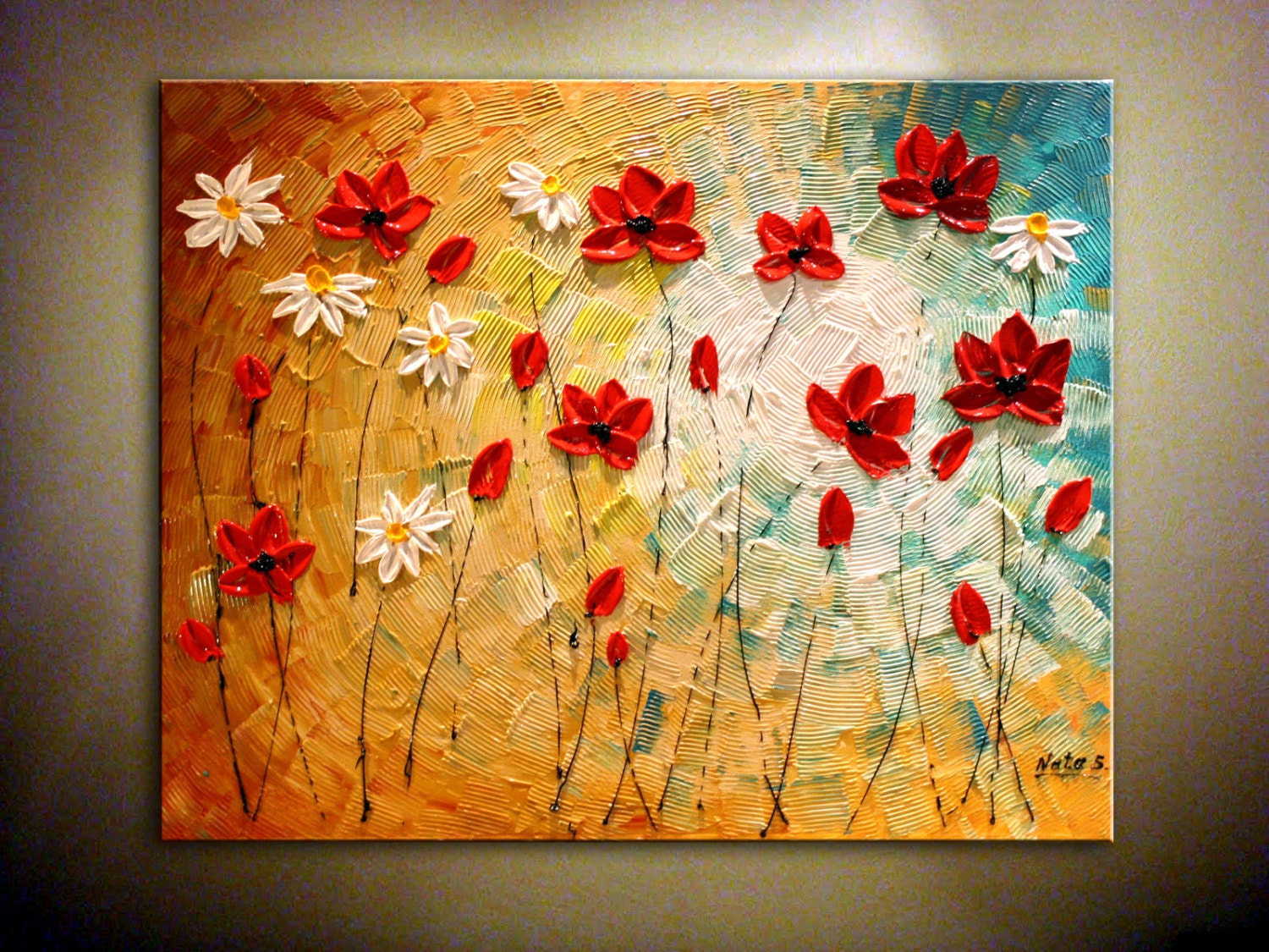 30" Original Modern Abstract Heavy Textured Red Poppies Painting.Impasto.Palette Knife.Thick Painting Flower.Ready to Hang... -.by Nata S.